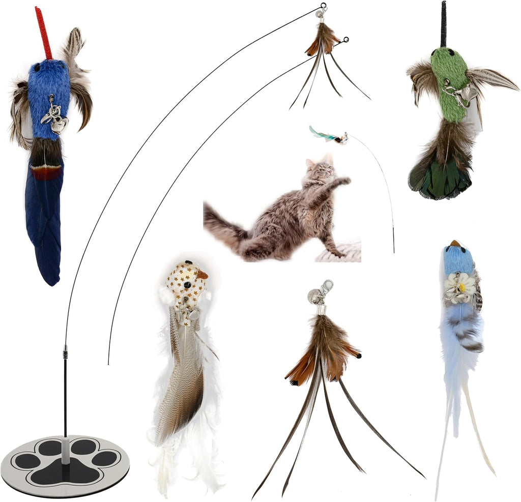 Interactive Bird Simulation Cat Toy Set for Bored Indoor Adult Cats Feather Toy Wand 5 Pcs Natural Bird Feathers Stable Round Base Wand Cat Toys for Indoor Cats Hunting Toys