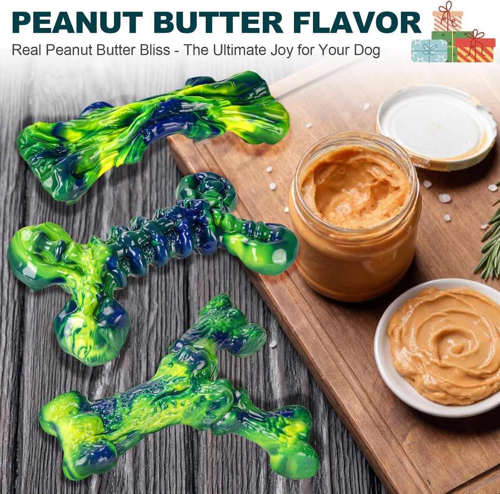 Indestructible Dog Chew Toys for Aggressive Chewers: 3-Pack Peanut Butter Nylon Chew Bones for Medium & Large Dogs 25–80 lbs, Tough Chewable Shapes, Long-Lasting Holiday Dog Gift (Green)