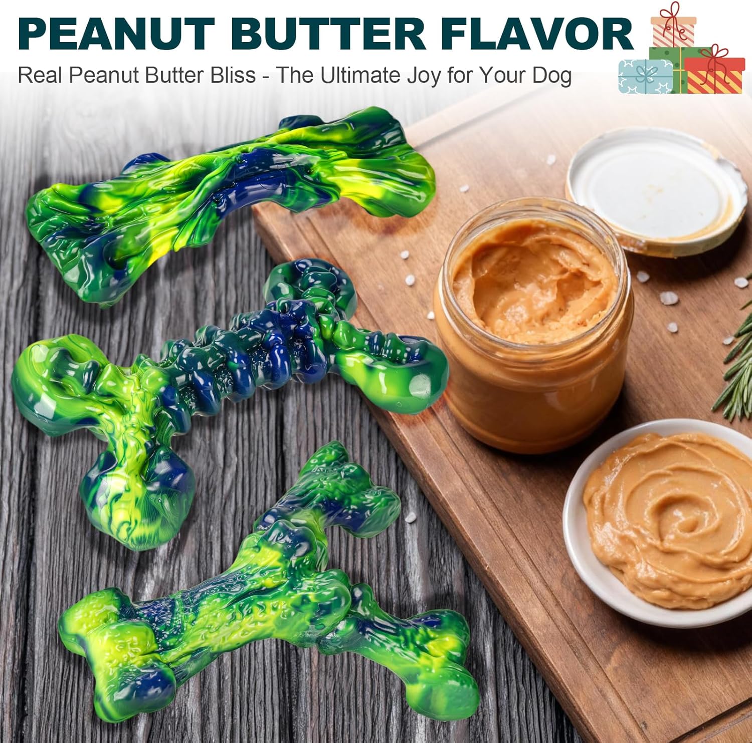 Indestructible Dog Chew Toys for Aggressive Chewers: 3-Pack Peanut Butter Nylon Chew Bones for Medium & Large Dogs 25–80 lbs, Tough Chewable Shapes, Long-Lasting Holiday Dog Gift (Green)