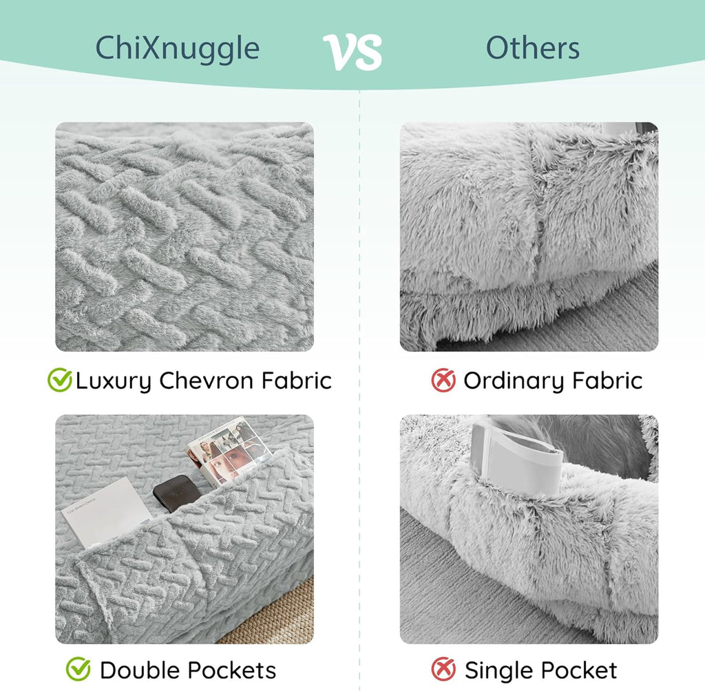 Human Dog Bed for Adult - Luxury Faux Fur Giant Size Dog Bed with Portable Handle, Egg Orthopedic Foam with Blanket, Light Grey