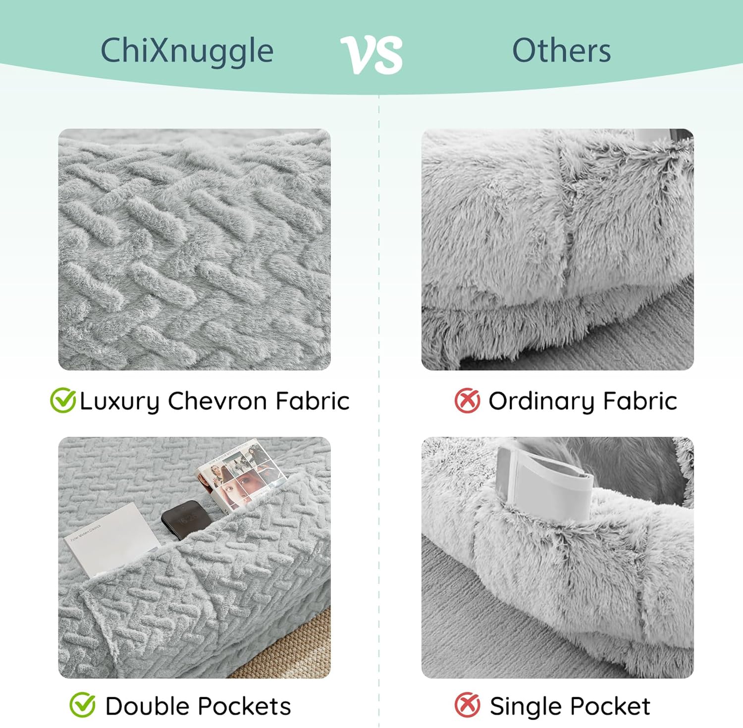 Human Dog Bed for Adult - Luxury Faux Fur Giant Size Dog Bed with Portable Handle, Egg Orthopedic Foam with Blanket, Light Grey