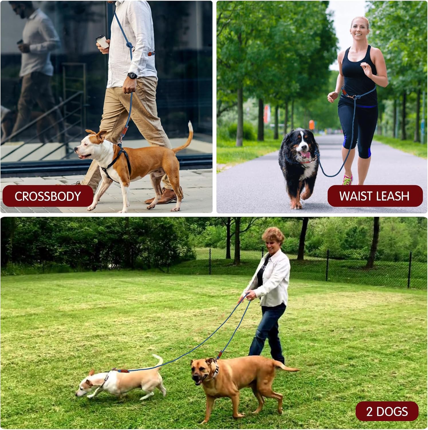 Hands Free Dog Leash for Walking Running Training, Adjustable Lead Up to 9.8ft, Dogs Up to 125lbs, Crossbody, Dual Handle, Multifunctional, Double Attachment for 2 Dogs