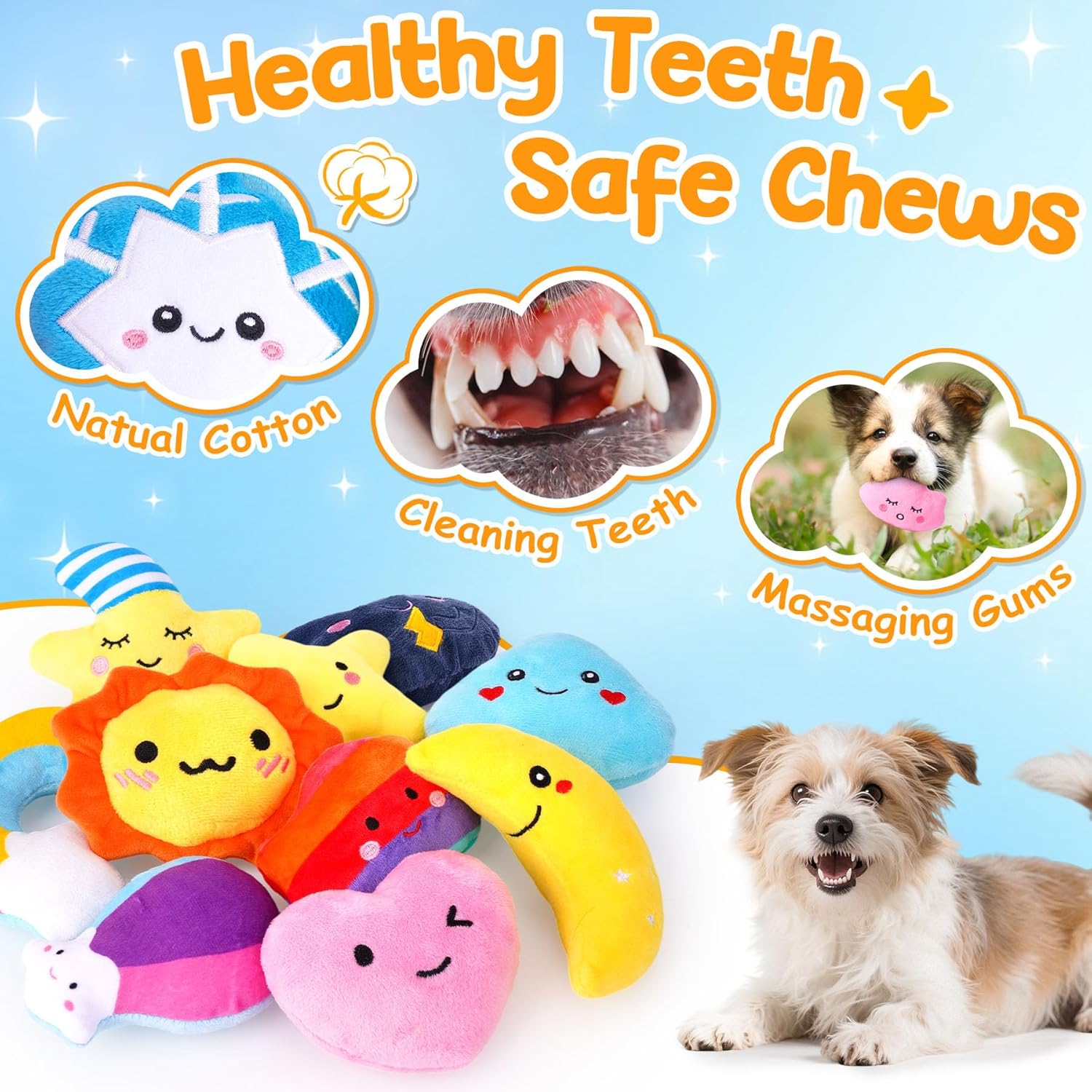 Irresistible Weather-Themed 20-Pack Squeaky Dog Toys Set for Small Dogs & Puppies, Included 16 Plush Toys with Vibrant Characters to Keep Them Busy & 4 Dog Bags