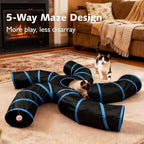 Cat Tunnels for Indoor Cats, Pet Tube Toy with Bell Ball and Toy Mouse, S-Shape Collapsible Tunnel with Interactive Hole for Kitty, Kitten, Rabbit, Puppy (Blue&Black)