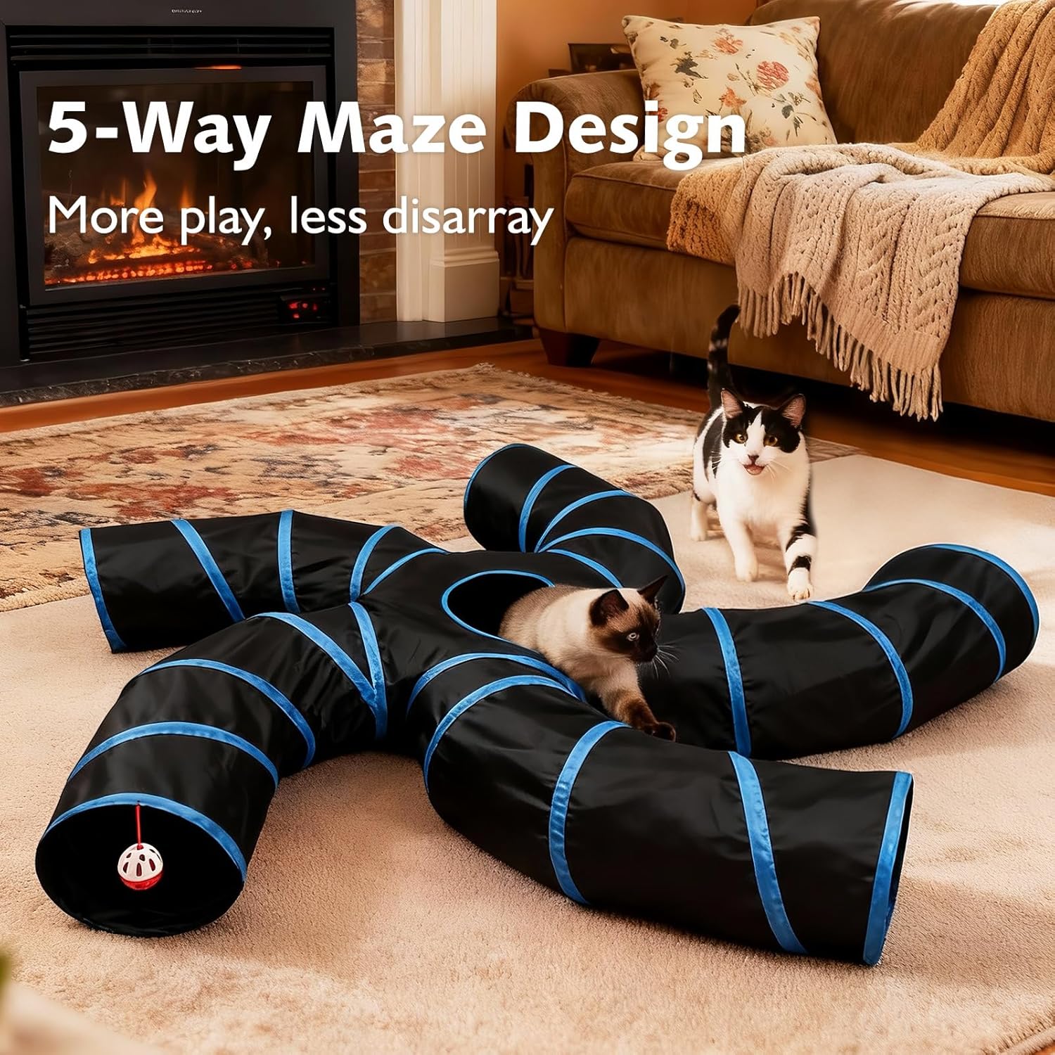 Cat Tunnels for Indoor Cats, Pet Tube Toy with Bell Ball and Toy Mouse, S-Shape Collapsible Tunnel with Interactive Hole for Kitty, Kitten, Rabbit, Puppy (Blue&Black)