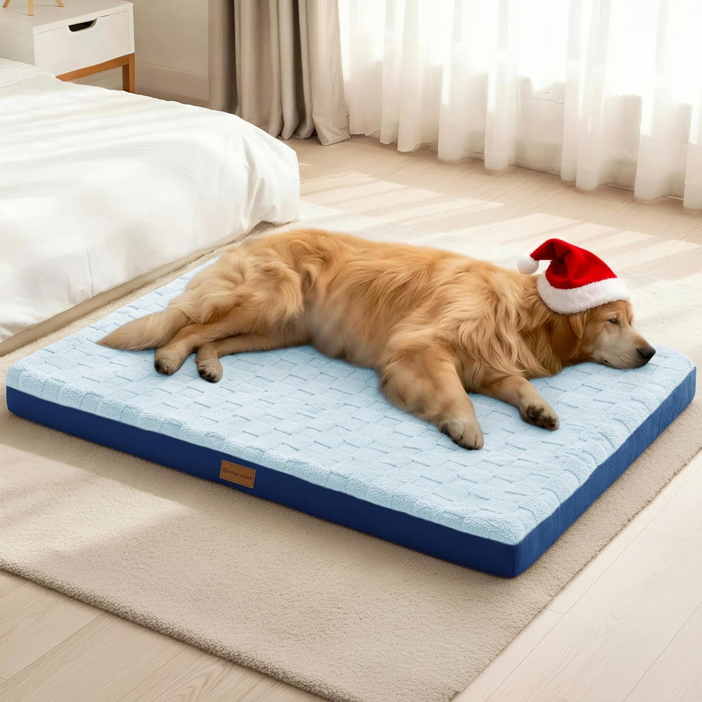 Orthopedic Dog Bed Waterproof Soft Comfortable Egg Crate Foam Large Pet Beds Crate Mat with Removable Washable Cover and Nonskid Bottom, (Blue)
