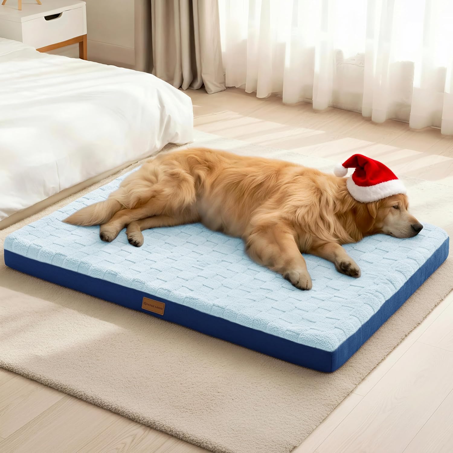 Orthopedic Dog Bed Waterproof Soft Comfortable Egg Crate Foam Large Pet Beds Crate Mat with Removable Washable Cover and Nonskid Bottom, (Blue)