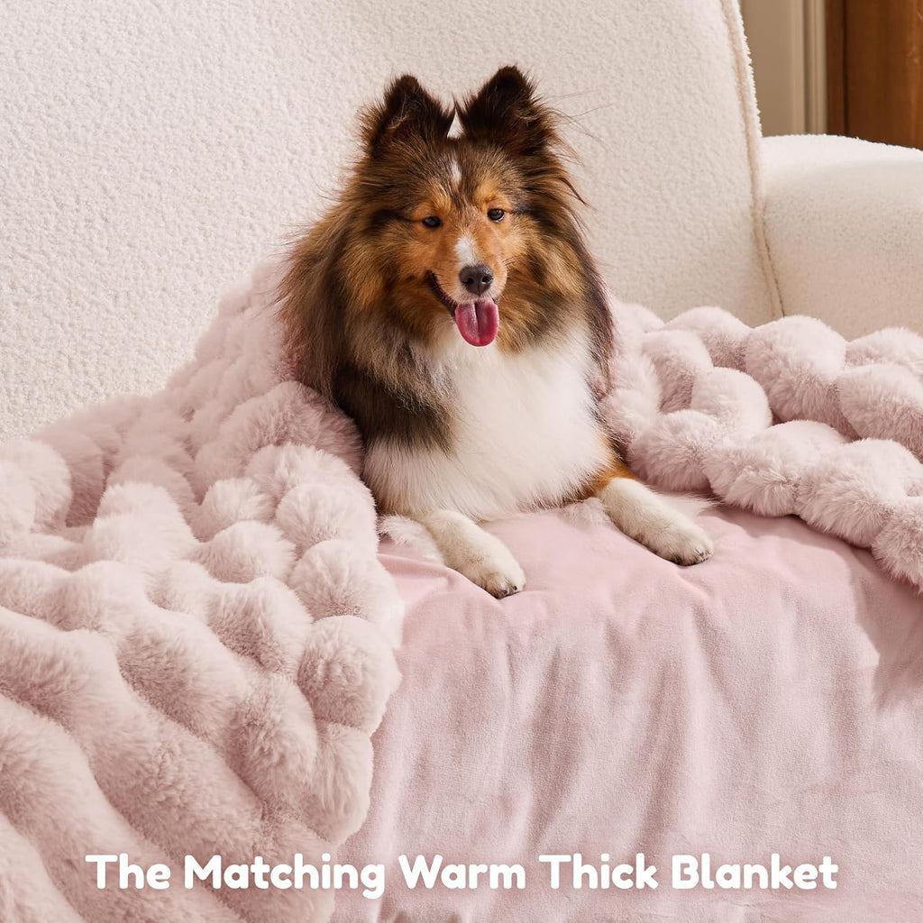 Human Dog Bed for Adult - Luxury Striped Faux Fur Giant Dog Bed with Portable Handle, Egg Orthopedic Foam Pad with Thick Warm Blanket, Pink