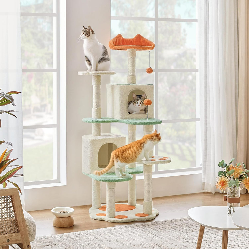 Cat Tree Tower, Multi-Functional Activity Center w/Cat Paw-Shaped Platform, Scratching Posts, 2 Condos and Dangling Balls for Indoor Cats to Relax