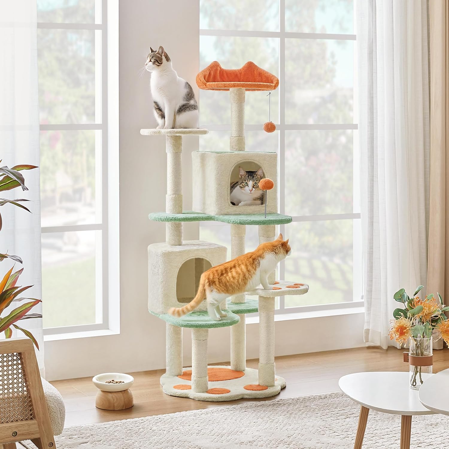 Cat Tree Tower, Multi-Functional Activity Center w/Cat Paw-Shaped Platform, Scratching Posts, 2 Condos and Dangling Balls for Indoor Cats to Relax