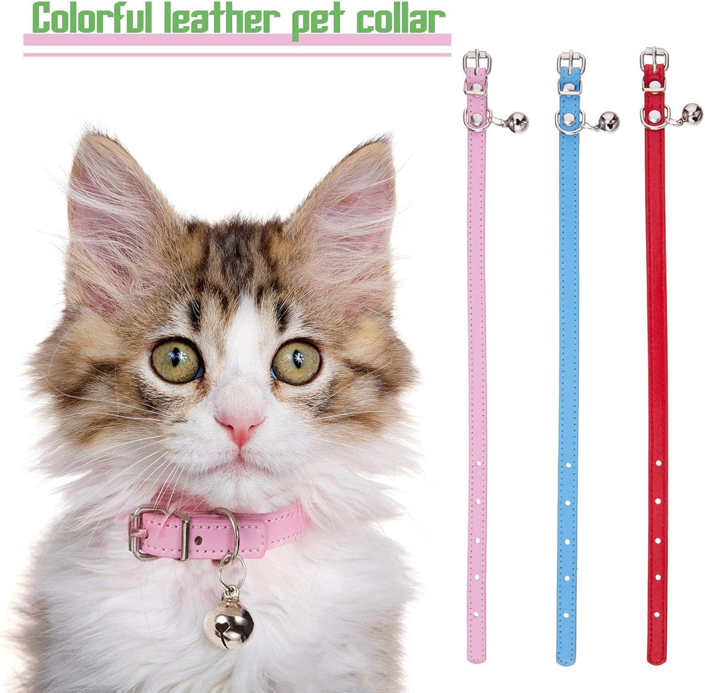6 Pieces Leather Cat Collar with Bell Cute Pet Leather Kitten Collar for Boy Girl Cats with Safety Elastic Strap for Small Kitten Puppy