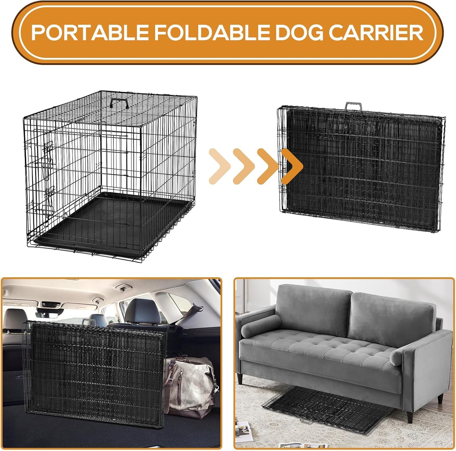 Dog Crate - 36 Inch Medium Double Door Portable Dog Cage, Metal Wire Pet Kennel with Secure Lock, Leak-Proof Pan Tray, Foldable Design for Dogs Pets Indoor Training and Outdoor Trave