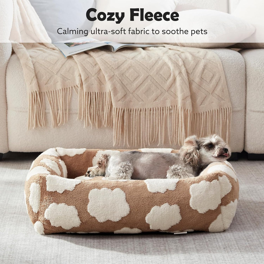 Small Dog Bed for Small Dogs, Rectangle Washable Orthopedic Dog Bed with Removable Zipper Cover, Cute Soft Calming Puppy Pet Bed with Jacquard Shaggy Plush & Non Skid Bottom