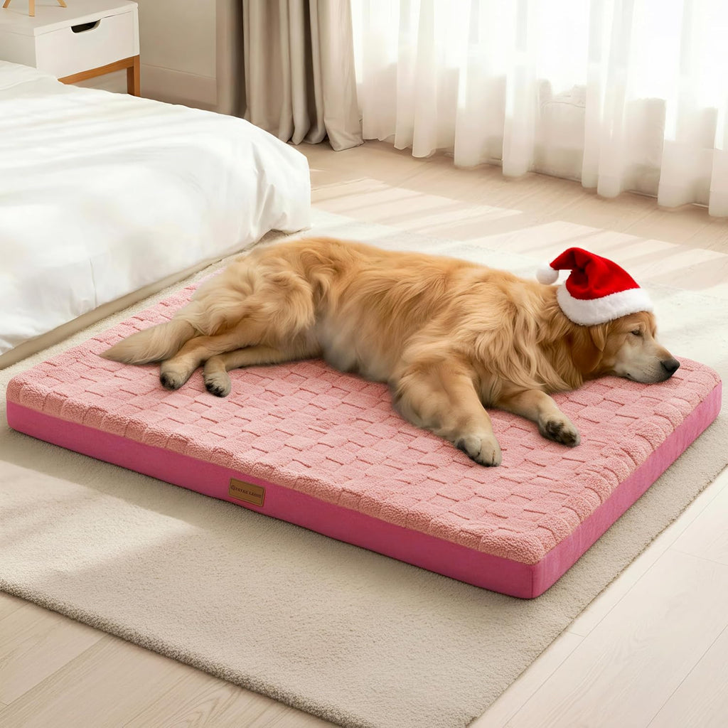 Orthopedic Dog Bed Waterproof Soft Comfortable Egg Crate Foam Large Pet Beds Crate Mat with Removable Washable Cover and Nonskid Bottom,(Pink)