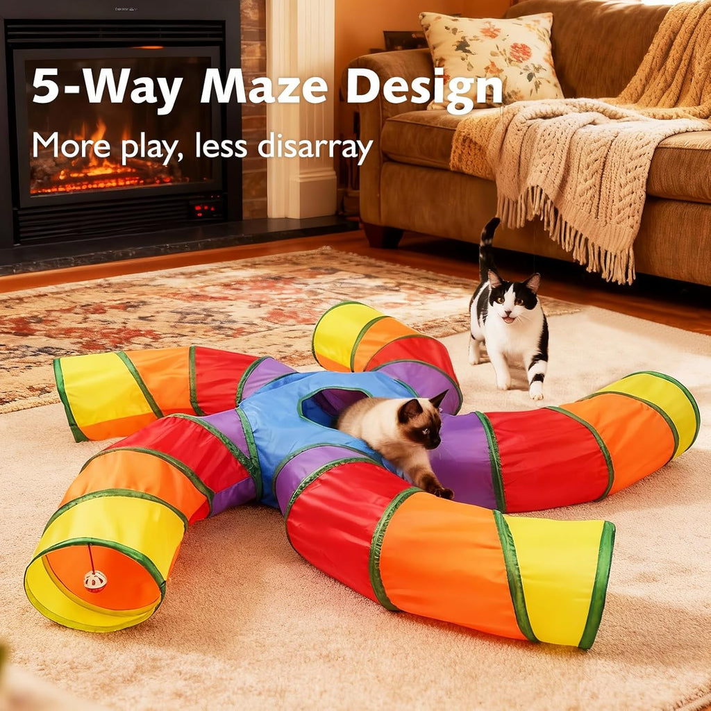 Cat Tunnels for Indoor Cats, Pet Tube Toy with Play Ball and Toy Mouse, Christmas S-Shape Collapsible Tunnel with Interactive Hole for Kitty, Kitten, Rabbit, Puppy (Rainbow)