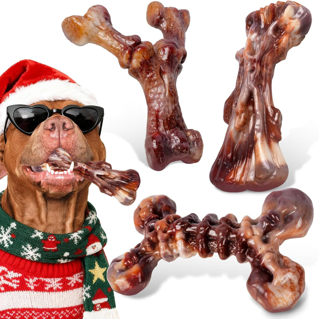 Dog Toys for Aggressive Chewers - 3 Pack Bacon Flavored Indestructible Dog Toy, Big Tough Chew Bone for Medium Large Breed 25-80lbs to Keep Them Busy, Happy Dog Gift (Brown)