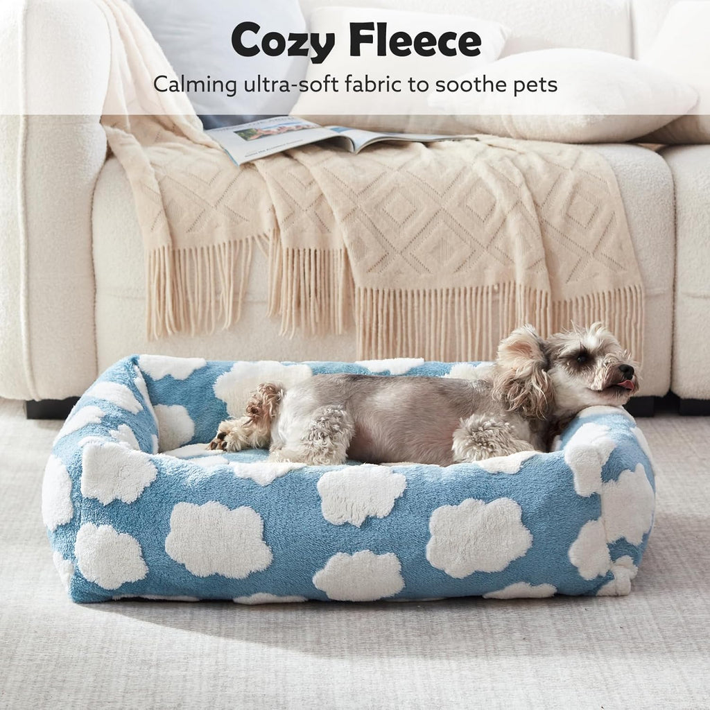 Small Dog Bed for Small Dogs, Rectangle Washable Orthopedic Dog Bed with Removable Zipper Cover, Cute Soft Calming Puppy Pet Bed with Jacquard Shaggy Plush & Non Skid Bottom
