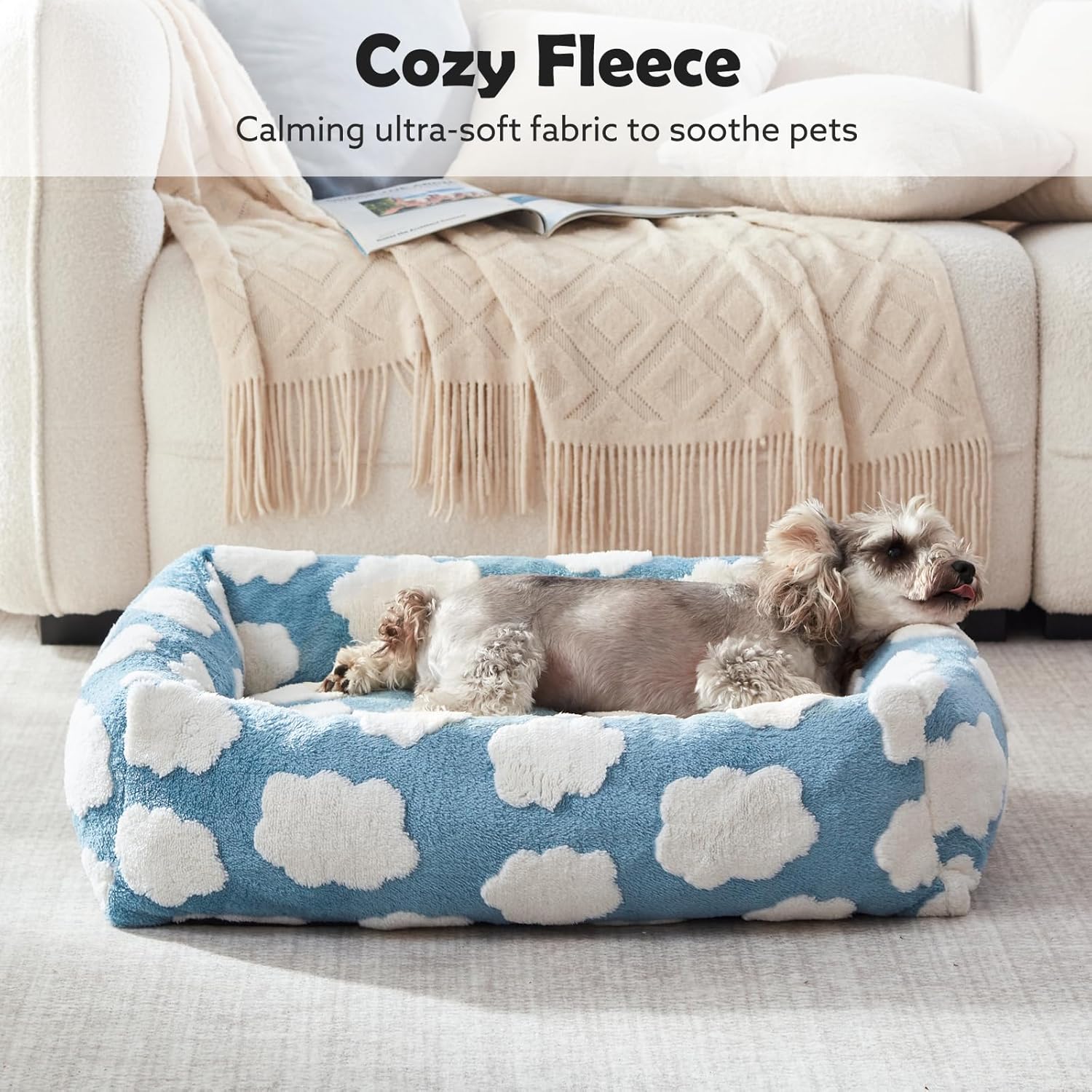 Small Dog Bed for Small Dogs, Rectangle Washable Orthopedic Dog Bed with Removable Zipper Cover, Cute Soft Calming Puppy Pet Bed with Jacquard Shaggy Plush & Non Skid Bottom