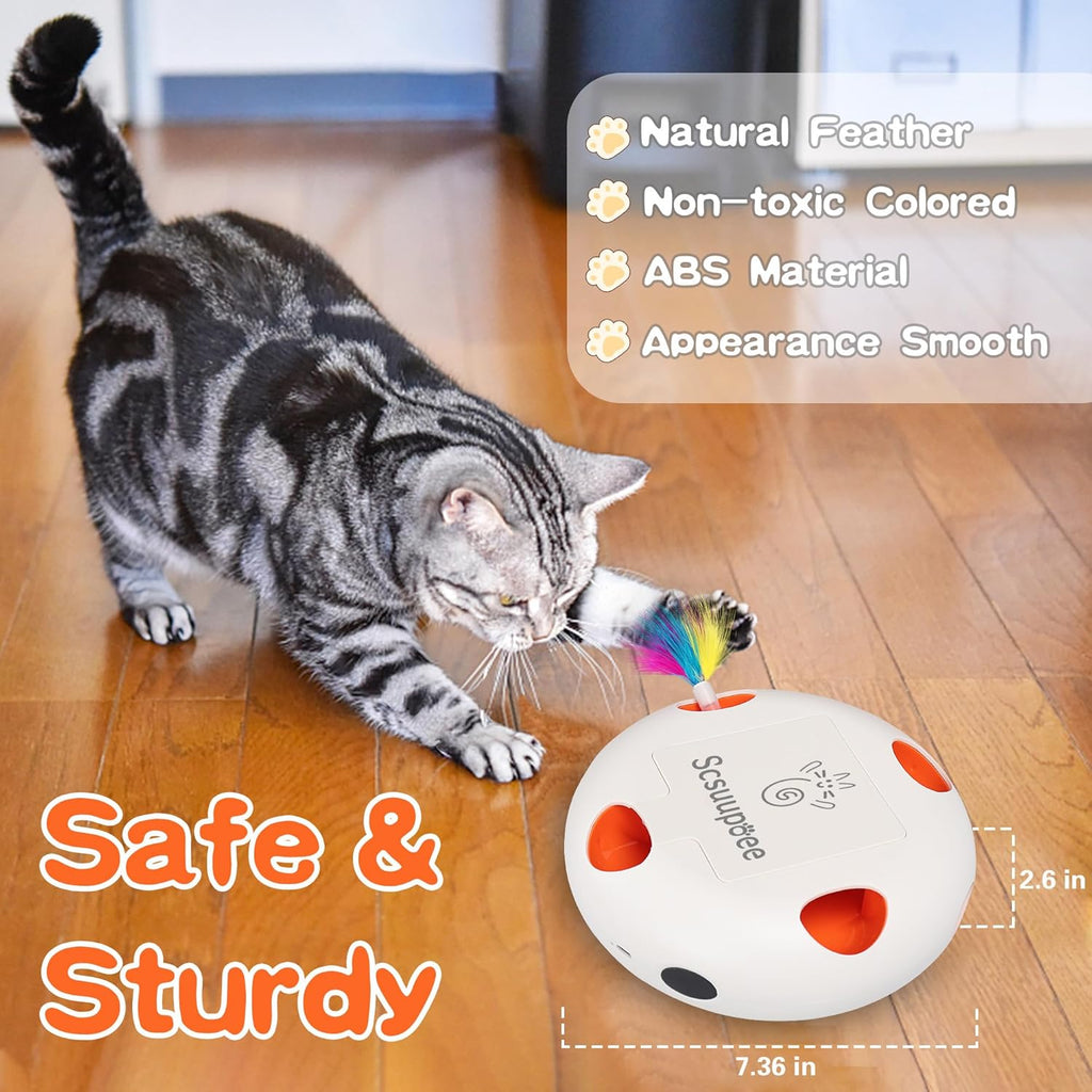 IInteractive Cat Toy, Electric Cat Toys for Moving Concealed Feathers, Smart Sensor 7 Holes Whack a Mole Feather Toy, USB Charge Automatic Kitten Toys,White