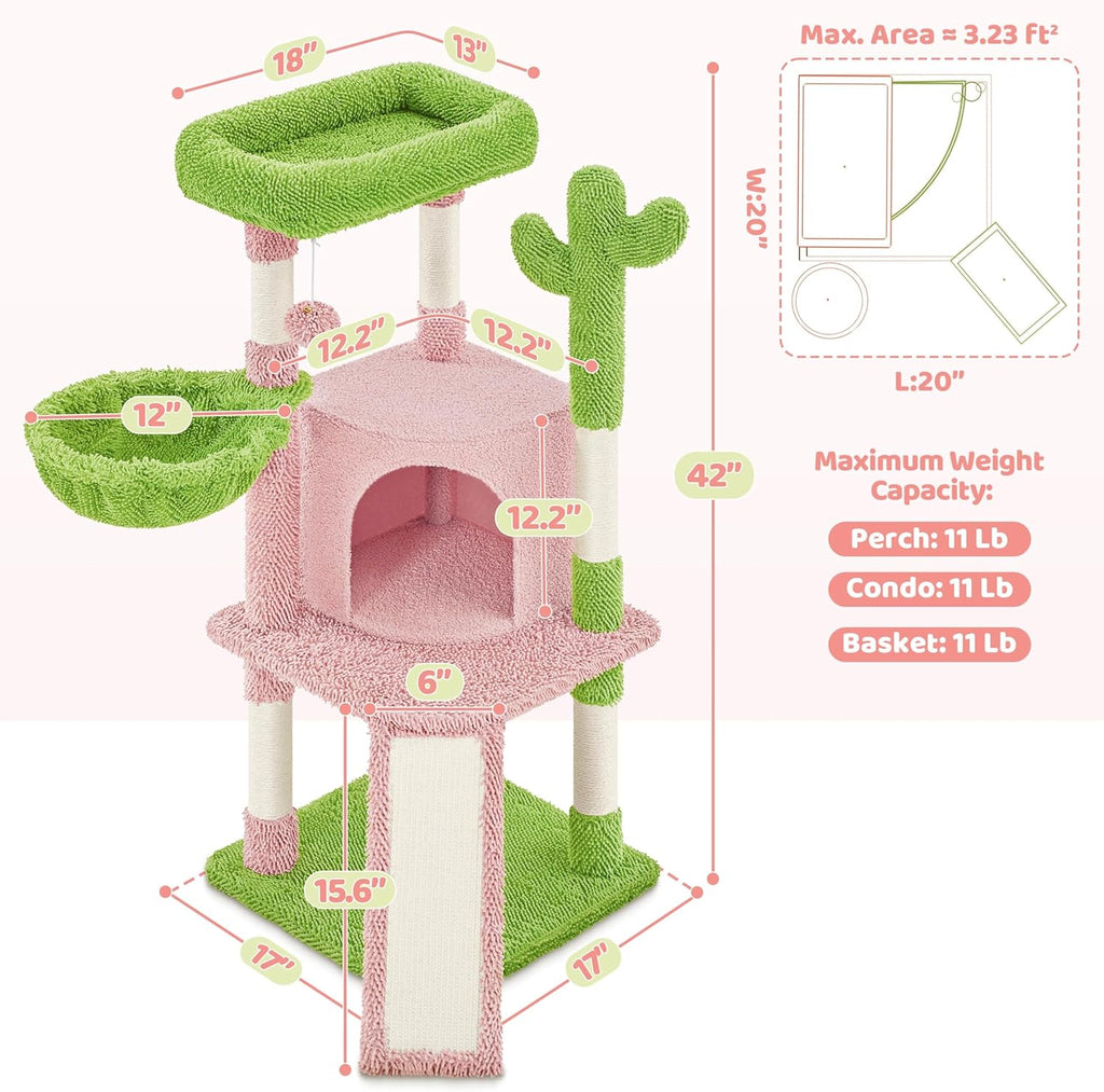 Cactus Cat Tree, 42in Cat Tower for Indoor Cats, Multi Level Kitten Condo Scratching Post, Cat Activity Center Pet Furniture w/Ball, Plush Perch, Platform, Basket