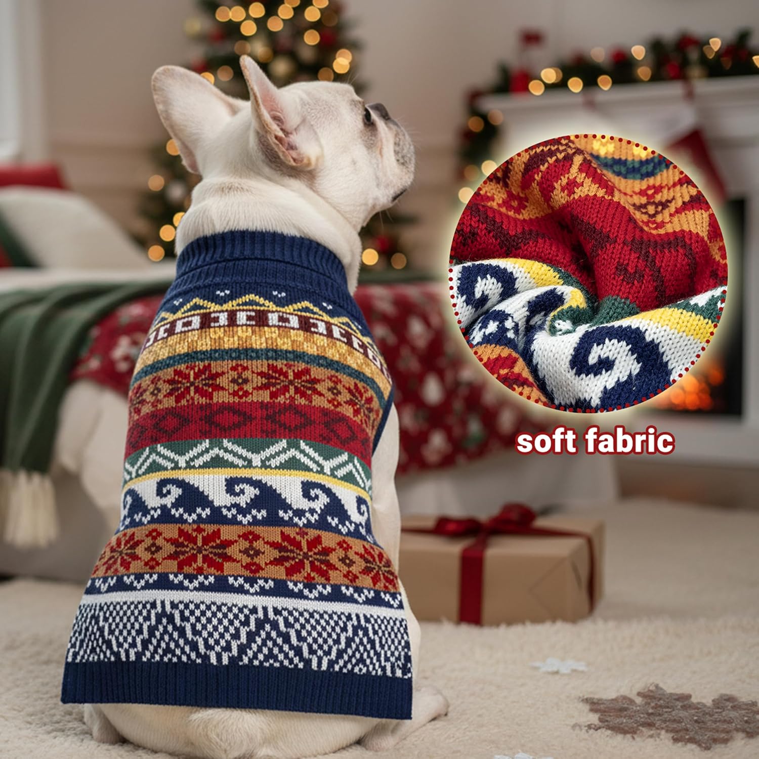 Dog Christmas Sweater, Winter Warm Fleece Holiday Pet Clothes for Small, Medium, Large & XL Dogs, Cute Snowflake Turtleneck Dog Pullover Knitwear Indoor & Outdoor