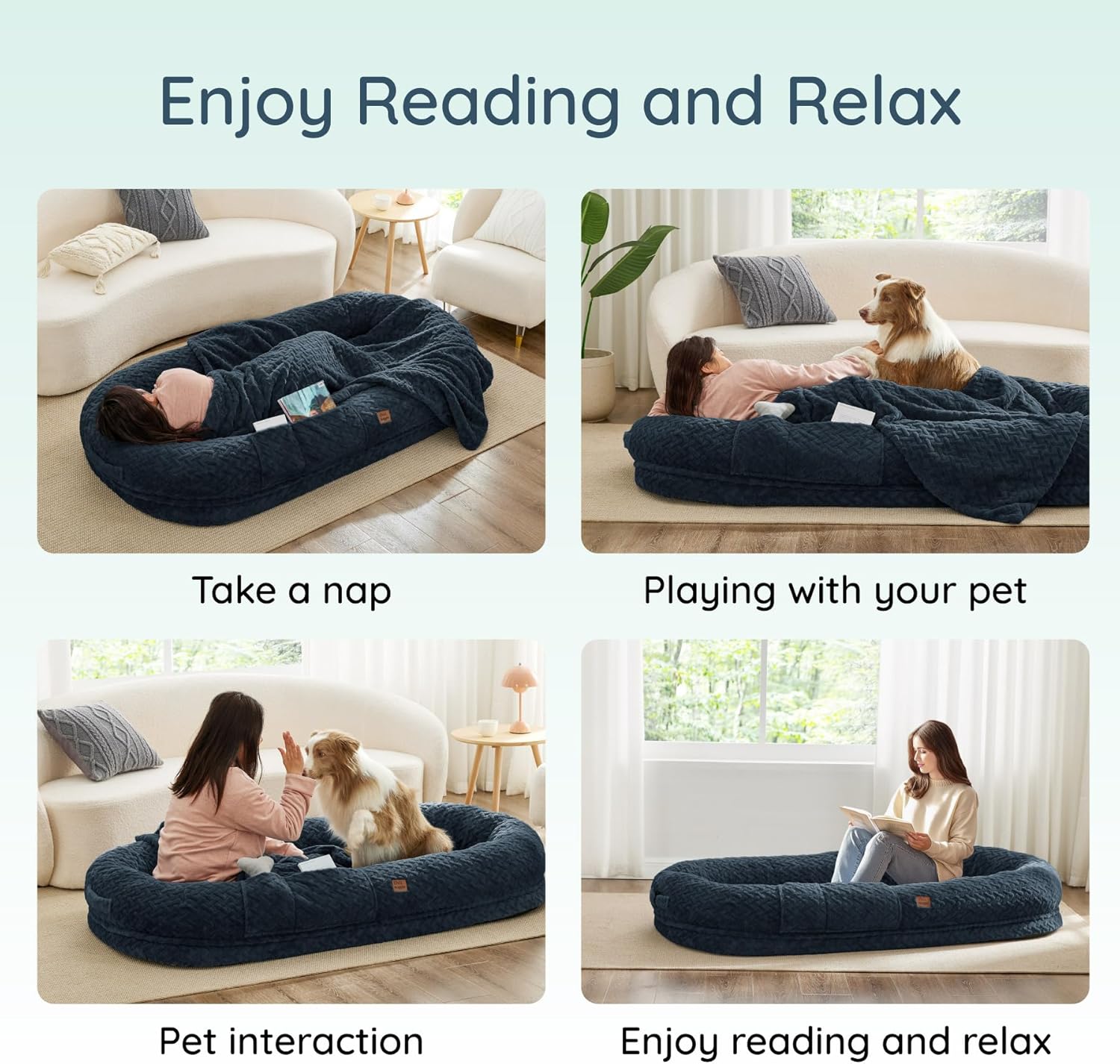 Human Dog Bed for Adult - Luxury Faux Fur Giant Size Dog Bed with Portable Handle, Egg Orthopedic Foam with Blanket,, Navy