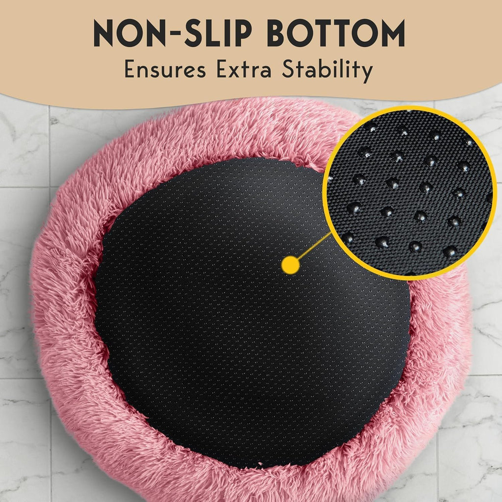 PetJett Calming Large Dog Bed -' Donut Dog Beds, Anti-Slip & Washable Large Round Bed, Fluffy Faux Fur Pet Bed, Super Soft Anti-Anxiety Premium Comfort Bed, Fits Dog - Pink