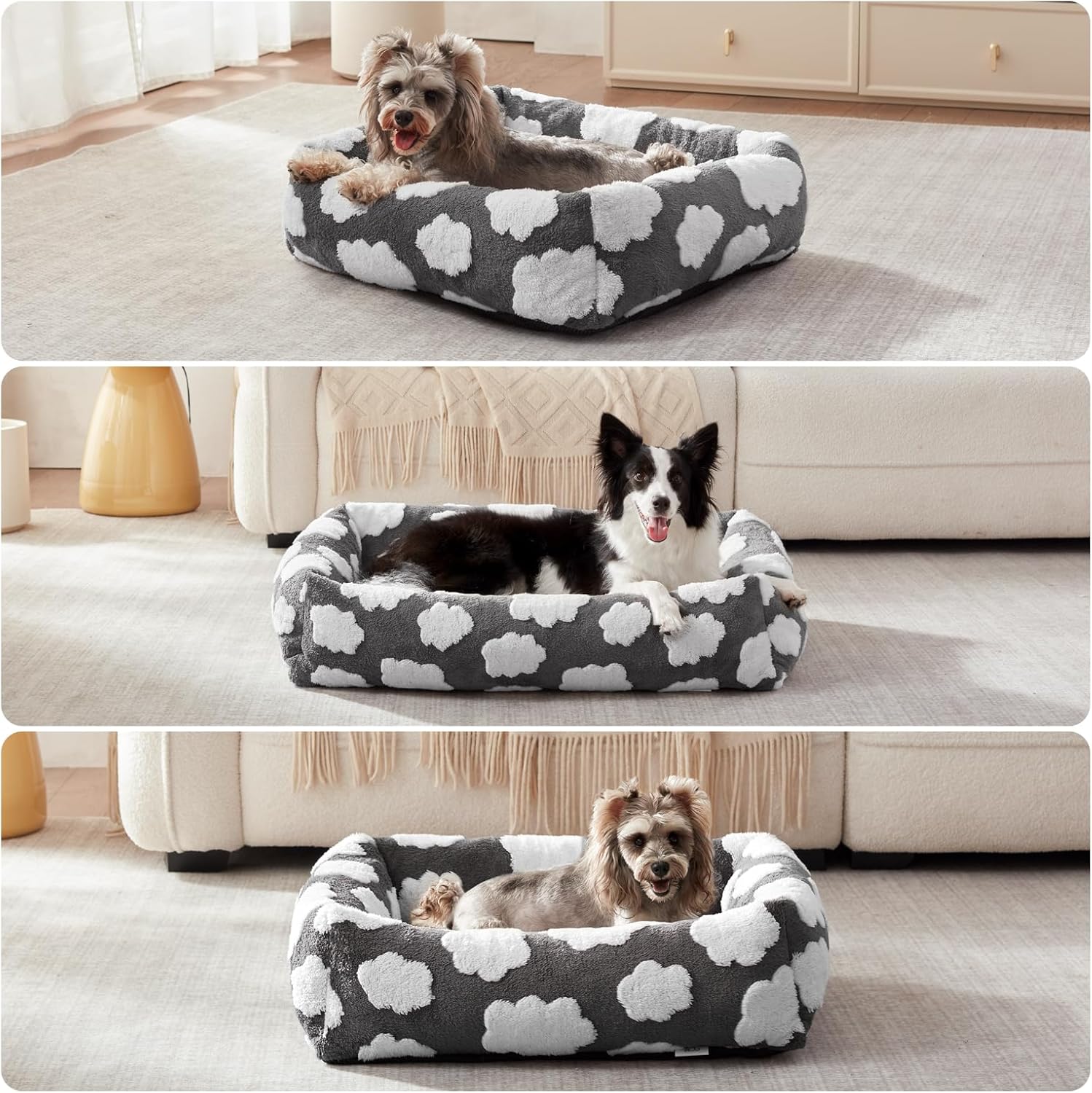 Small Dog Bed for Small Dogs, Rectangle Washable Orthopedic Dog Bed with Removable Zipper Cover, Cute Soft Calming Puppy Pet Bed with Jacquard Shaggy Plush & Non Skid Bottom