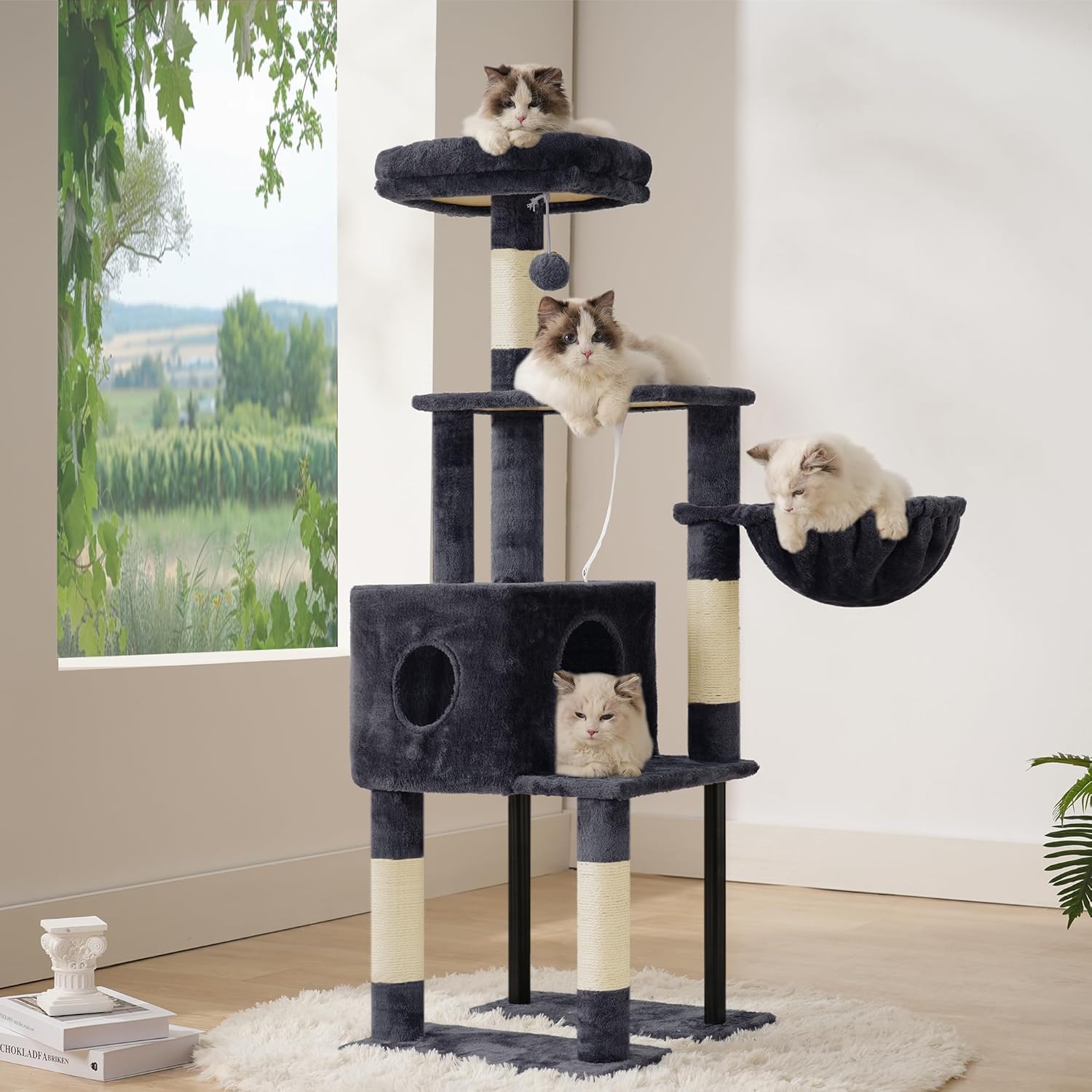 Cat Tree, 49.2 Inches Cat Tower for Indoor Cats, Spacious Cat House Condo with Hidden Space，Sturdy Steel Tube，Soft Plush Top Perch，Cozy Hammock and Sisal Scratching Posts, Smoky Gray