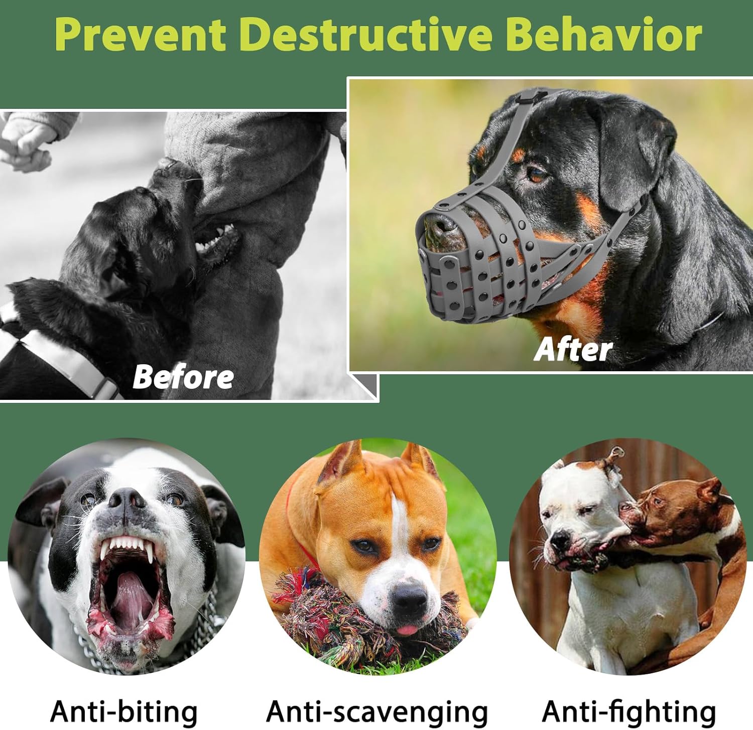 Pitbull Muzzle, Lightweight Basket Muzzle for Large Medium Dogs Rottweiler Amstaff to Prevent Biting Eating, Safe for Grooming Vet Visits Training, Allows to Pant Drink, Adjustable & Sturdy