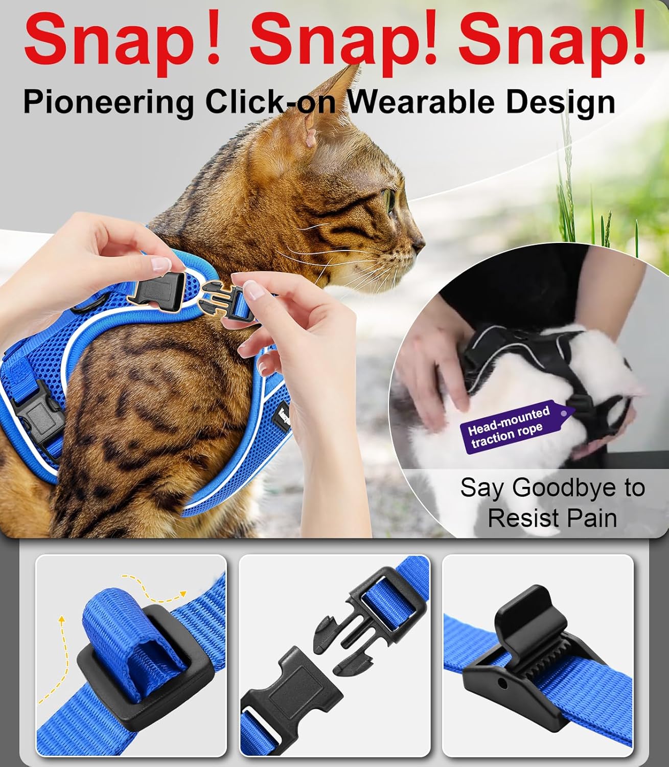 Cat Harness and Leash for Walking Escape Proof Soft Adjustable Cat Leash Breathable Comfortable Vest Easy to Wear Kitten Harness for Outdoor Travel Blue