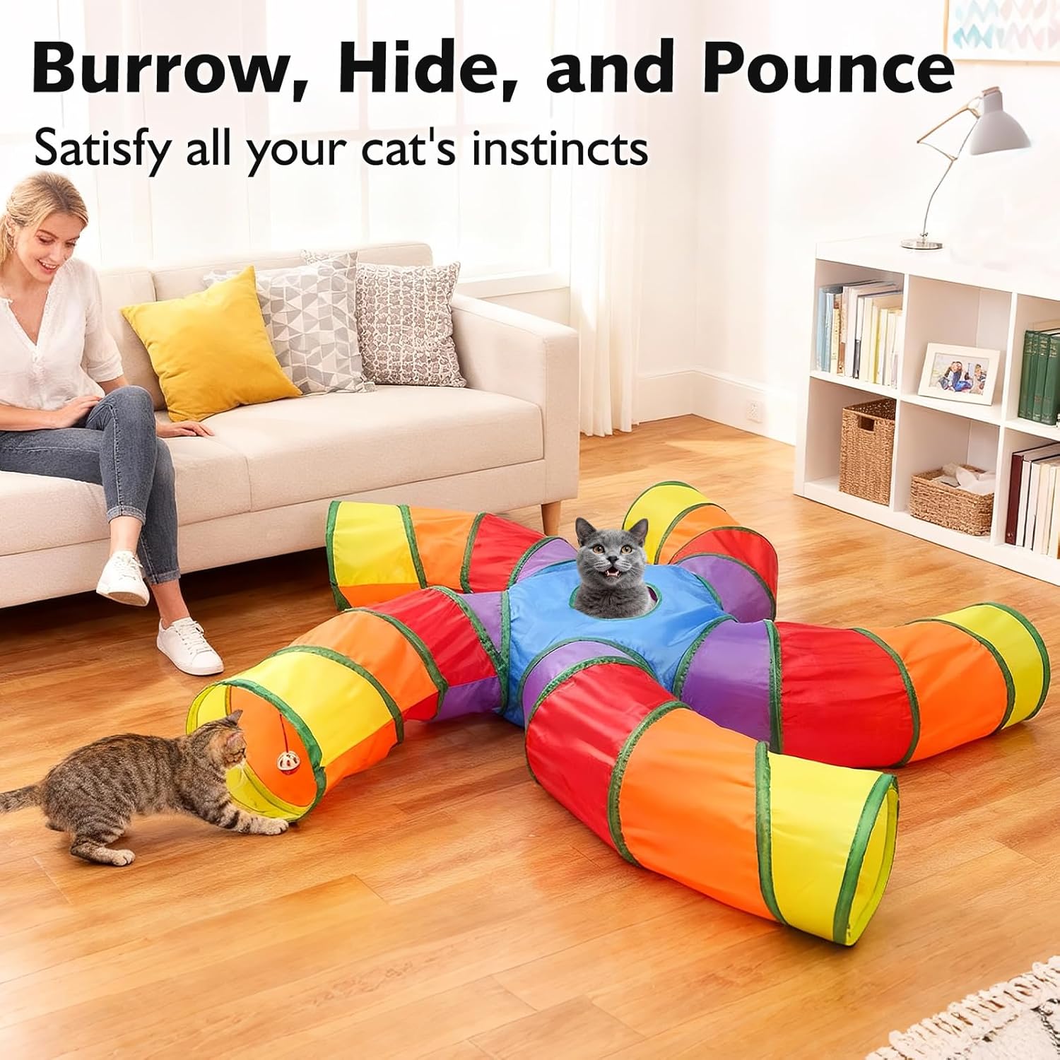 Cat Tunnels for Indoor Cats, Pet Tube Toy with Play Ball and Toy Mouse, Christmas S-Shape Collapsible Tunnel with Interactive Hole for Kitty, Kitten, Rabbit, Puppy (Rainbow)