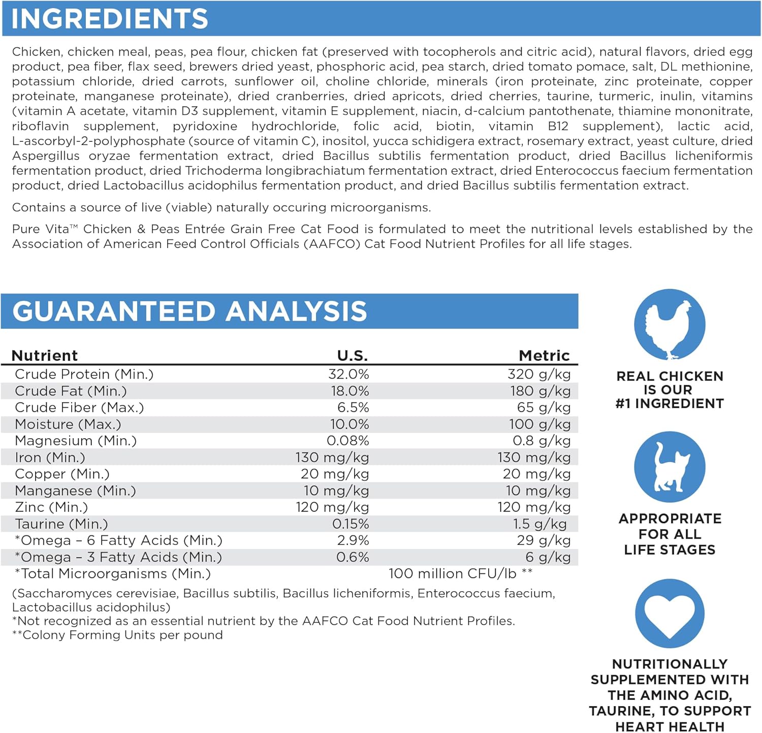 Pure Vita Grain Free Cat Food, Chicken and Peas, 12LB