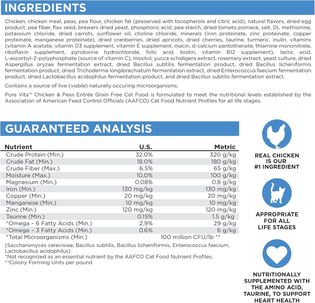 Pure Vita Grain-Free Cat Food, Made with Chicken and Peas, 6.6LB, Dry Cat Food