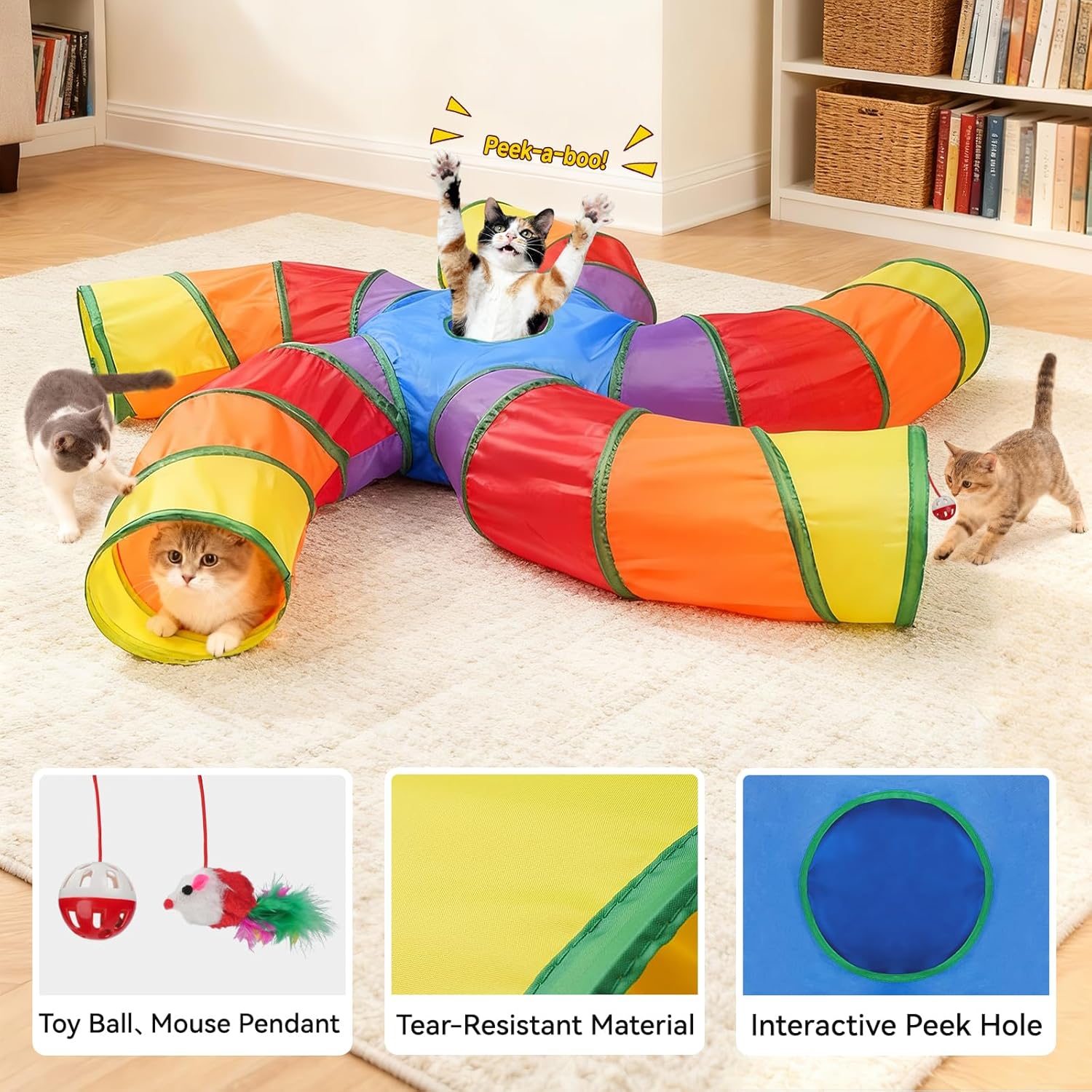 Cat Tunnels for Indoor Cats, Pet Tube Toy with Play Ball and Toy Mouse, Christmas S-Shape Collapsible Tunnel with Interactive Hole for Kitty, Kitten, Rabbit, Puppy (Rainbow)