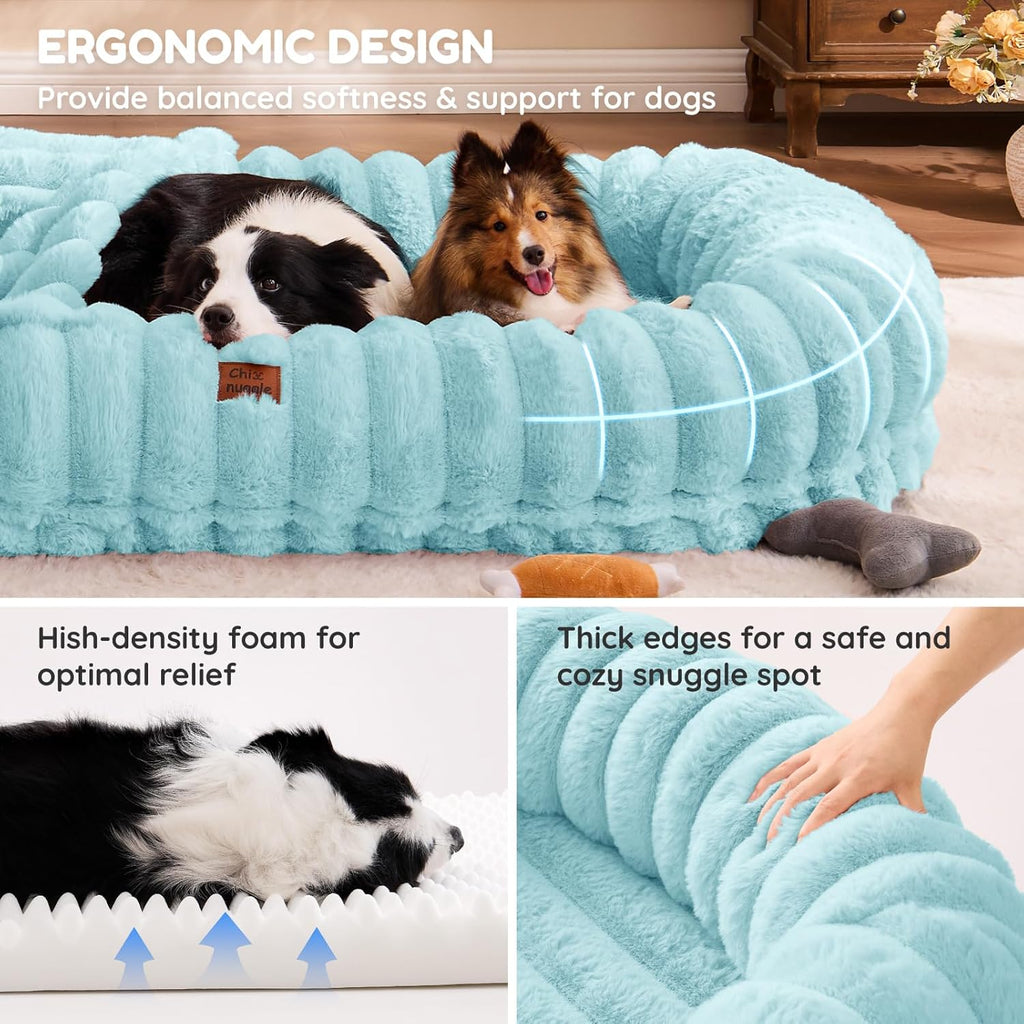 Human Dog Bed for Adult - Luxury Striped Faux Fur Giant Dog Bed with Portable Handle, Egg Orthopedic Foam Pad with Thick Blanket,Blue