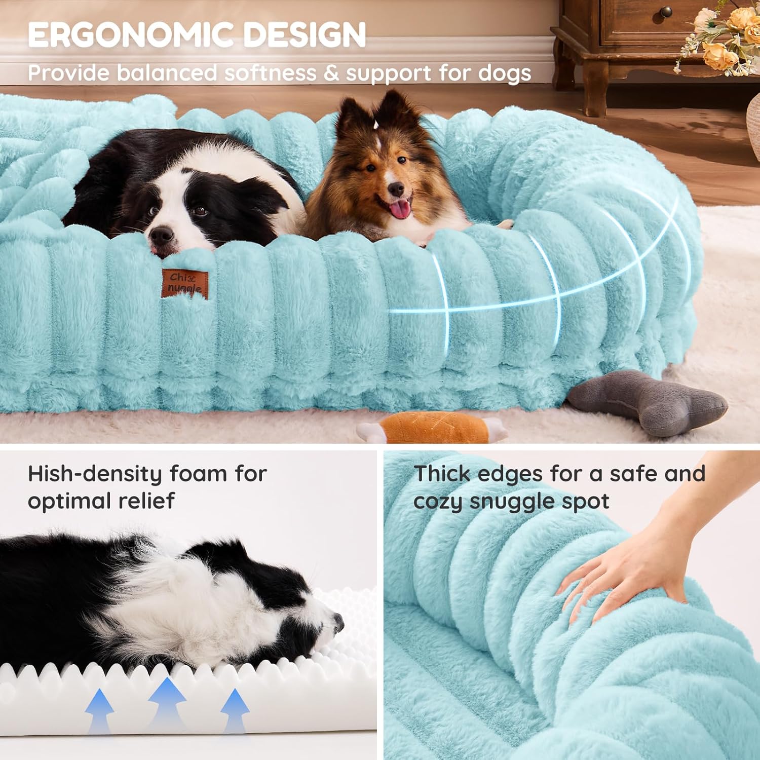 Human Dog Bed for Adult - Luxury Striped Faux Fur Giant Dog Bed with Portable Handle, Egg Orthopedic Foam Pad with Thick Blanket,Blue