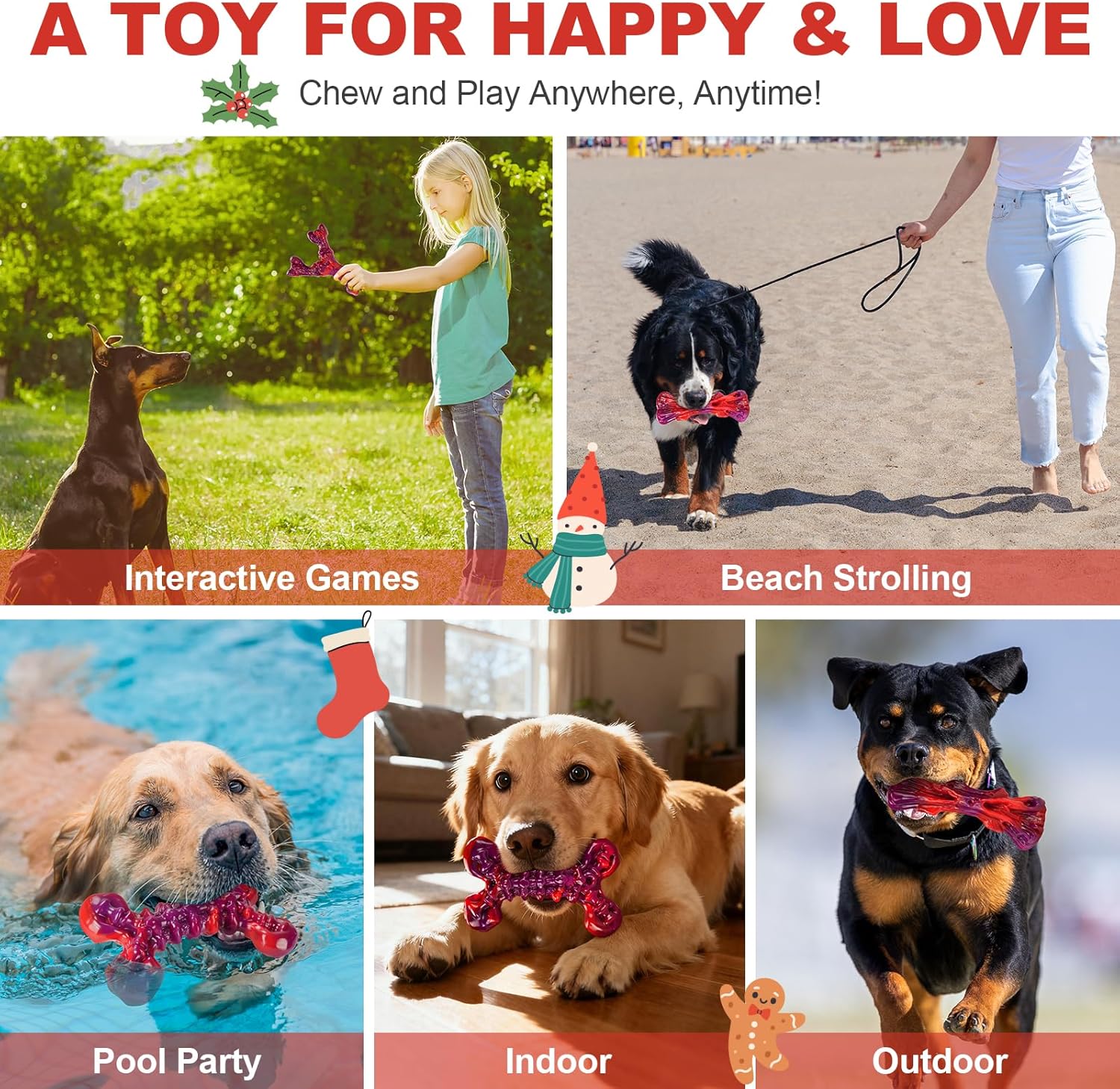 Indestructible Dog Toys for Aggressive Chewers 3-Pack: Tough Nylon Chew Toys for Medium & Large Dogs 25–80 lbs, Beef Flavor, Heavy-Duty Dog Chew Bone, Holiday Dog Gift (Red)