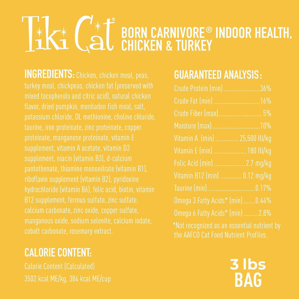 Cat Born Carnivore High Protein, Indoor Health, Chicken and Turkey Meal Recipe, Grain-Free Baked Kibble to Maximize Nutrients, Dry Cat Food, 3 lb. Bag