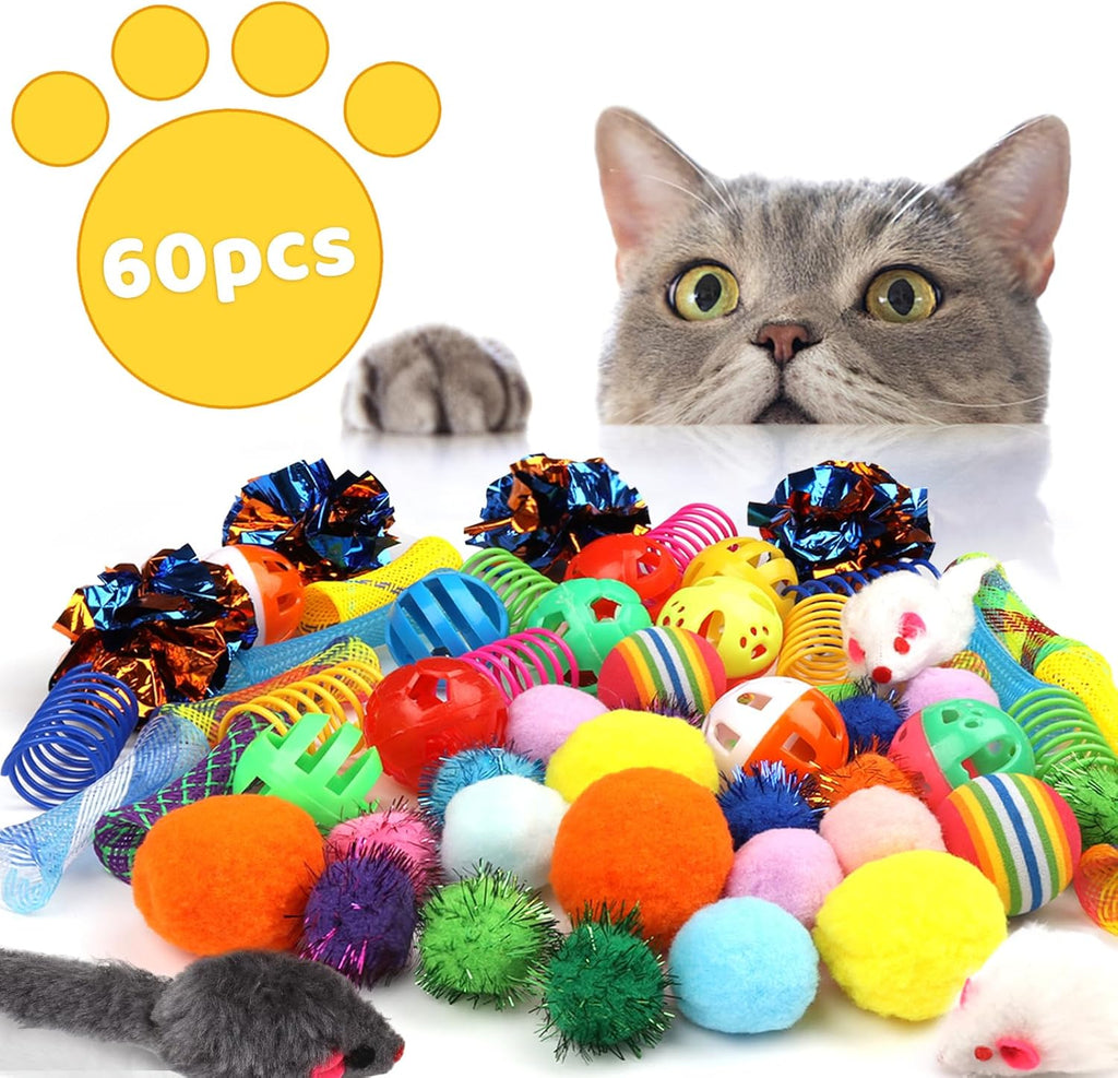 Kitten Toys, 60PCS Cat Balls Springs Toy Set, Cat Mouse Toy, Kitten Sparkle Crinkle Balls Furry Soft Pom Pom