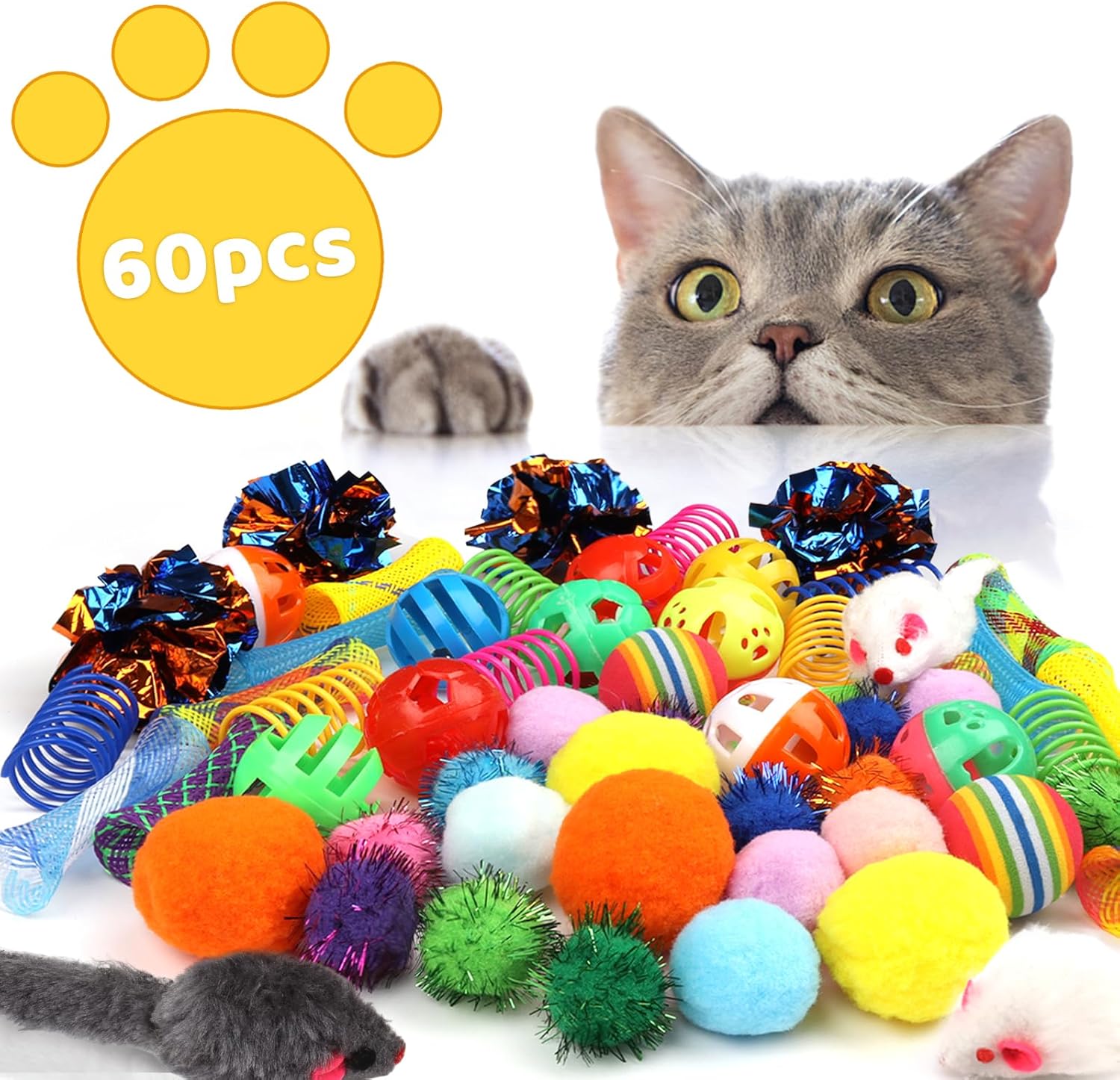 Kitten Toys, 60PCS Cat Balls Springs Toy Set, Cat Mouse Toy, Kitten Sparkle Crinkle Balls Furry Soft Pom Pom