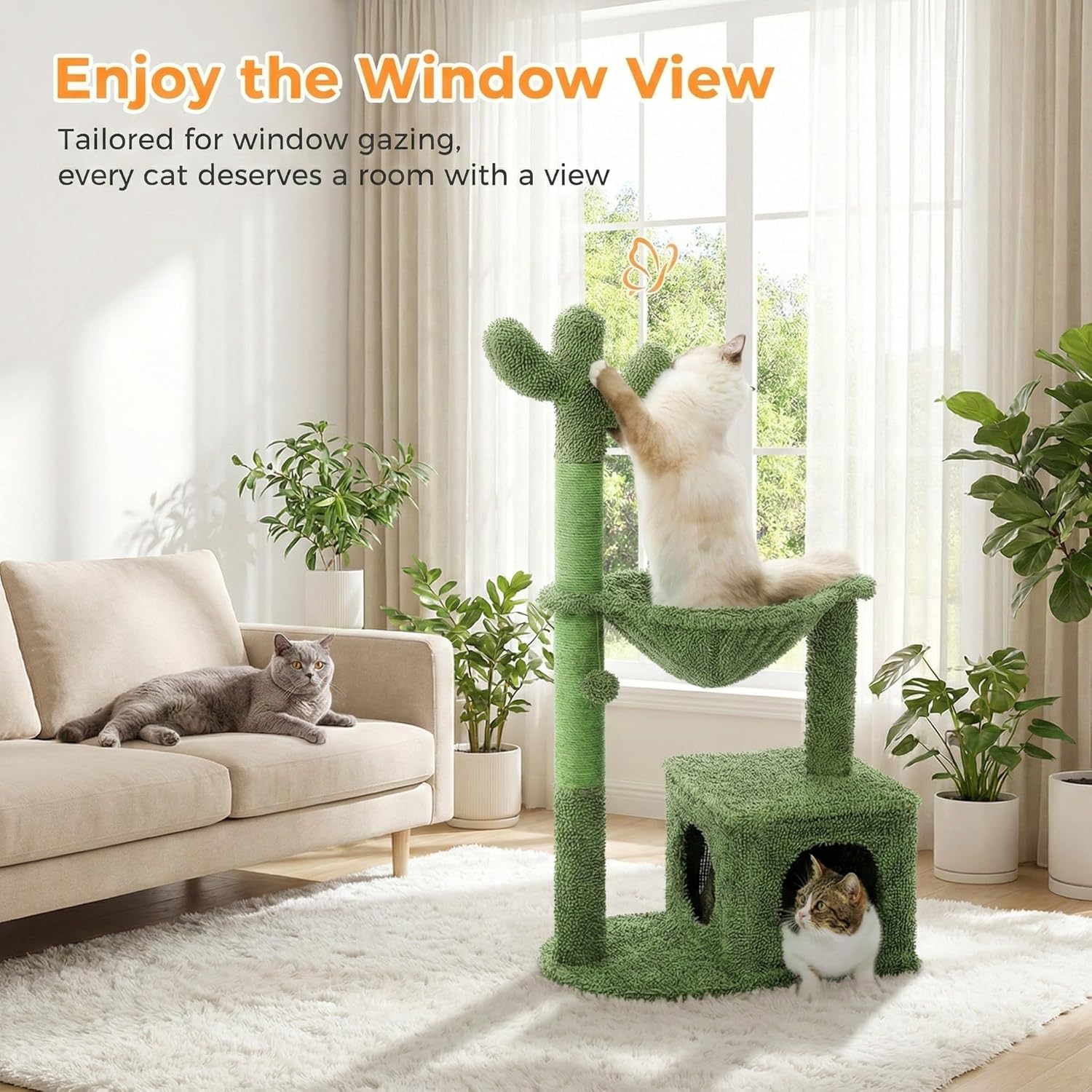 Cactus Cat Tree 40" Cat Tower with Large Metal Carpet Hammock, Cat Scratching Post for Indoor Cats with Condo & Replaceable Toy Ball, Green