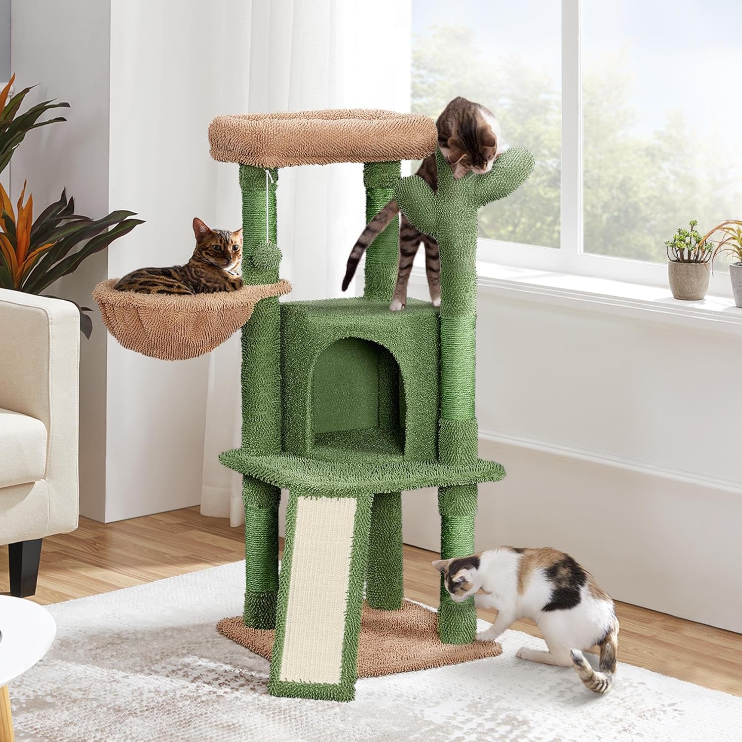 Cactus Cat Tree, 42in Cat Tower for Indoor Cats, Multi Level Kitten Condo Scratching Post, Cat Activity Center Pet Furniture w/Ball, Plush Perch, Platform, Basket