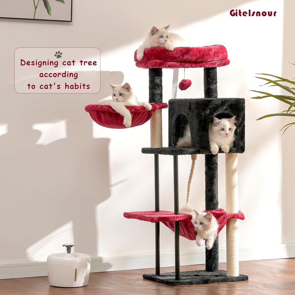 Cat Tree, Cat Tower for Indoor Cats, 43.3 inch Gothic Cat Tree Tower with Sturdy Steel Tube, Hammock, Cat Condo for Small Cats and Kittens, Scratching Post, Black and red