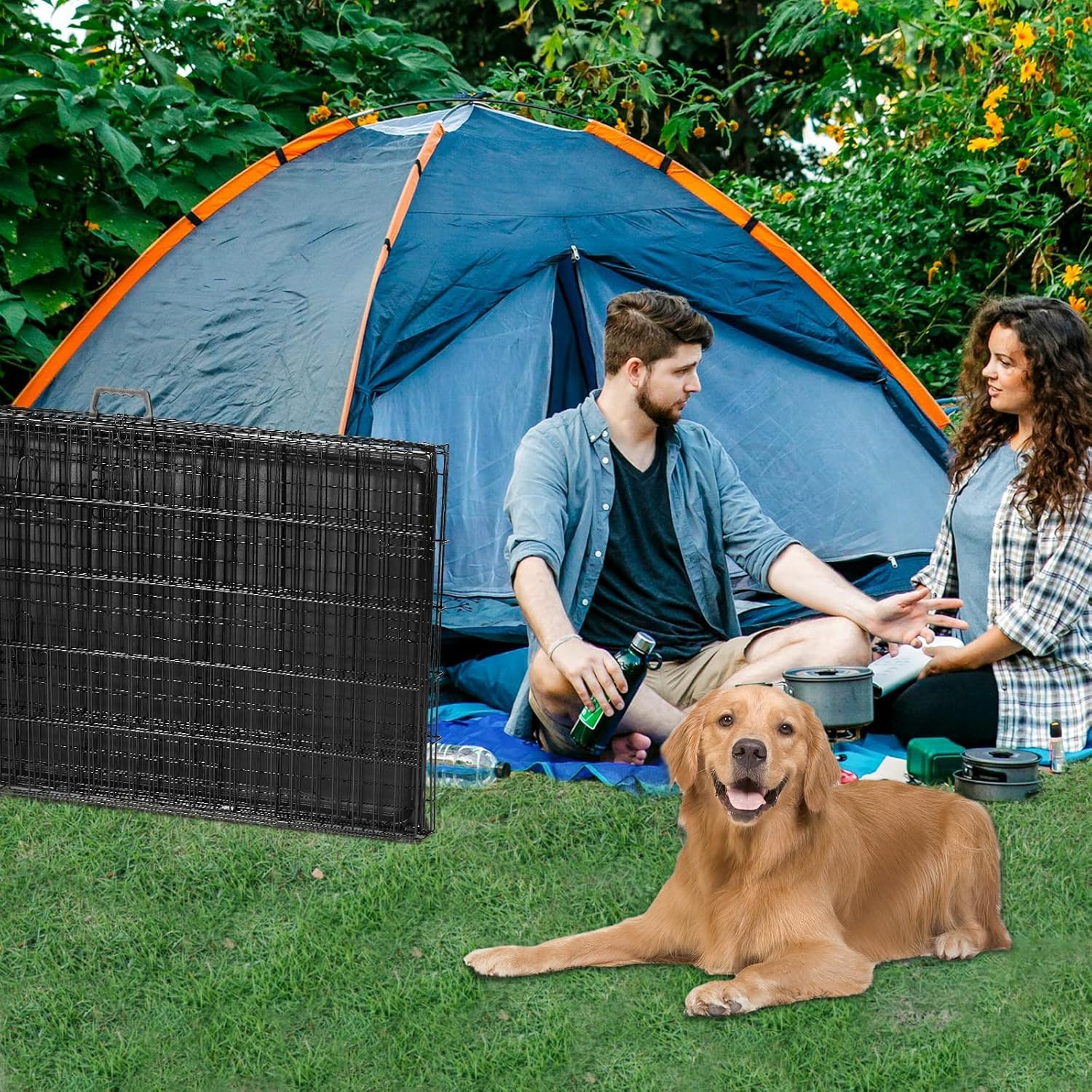 Dog Crate - 36 Inch Medium Double Door Portable Dog Cage, Metal Wire Pet Kennel with Secure Lock, Leak-Proof Pan Tray, Foldable Design for Dogs Pets Indoor Training and Outdoor Trave
