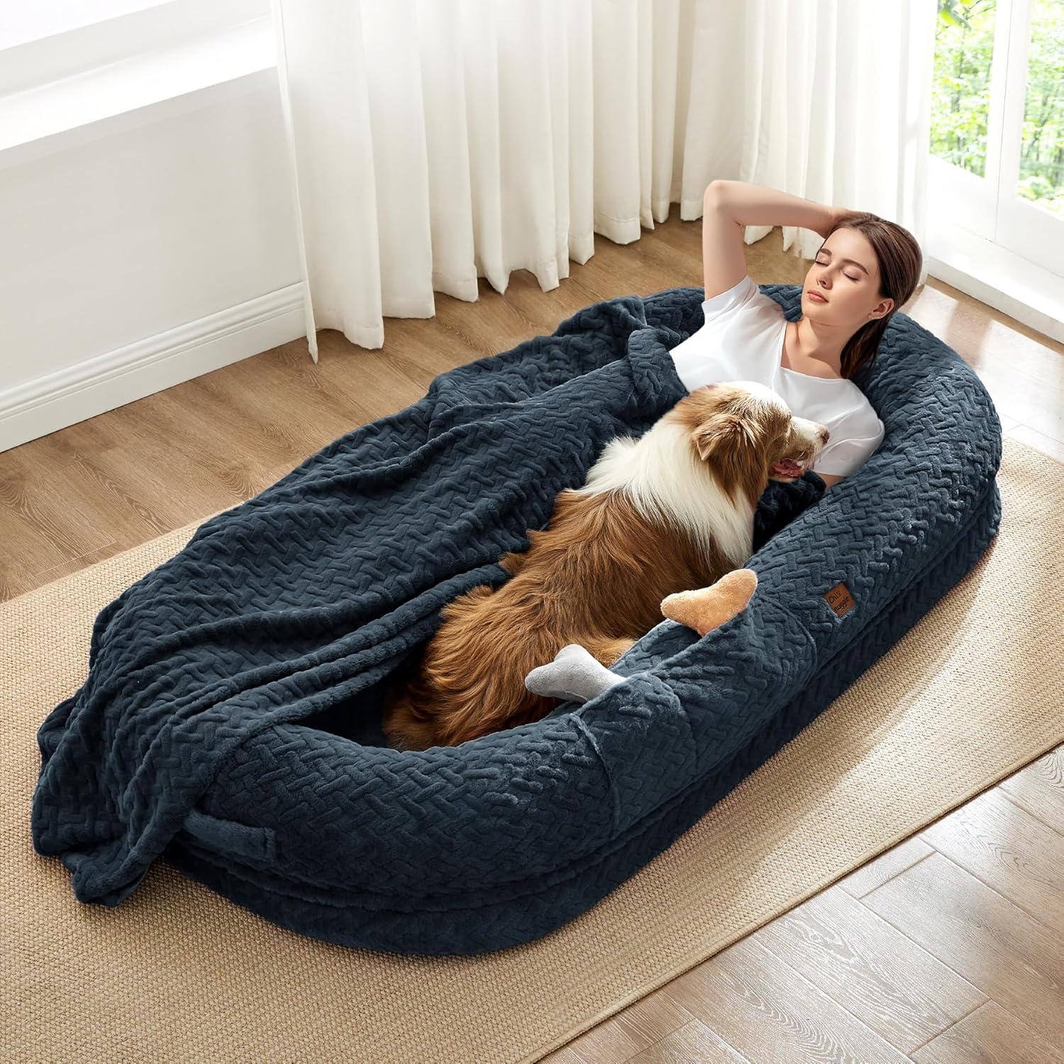 Human Dog Bed for Adult - Luxury Faux Fur Giant Size Dog Bed with Portable Handle, Egg Orthopedic Foam with Blanket,, Navy