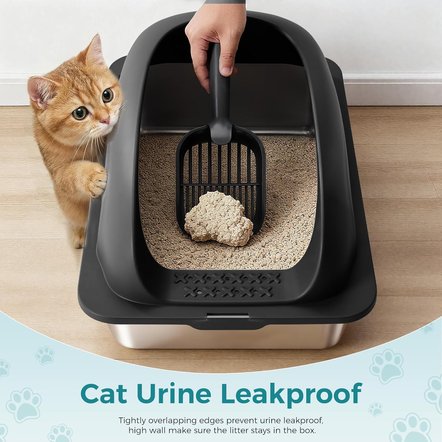 Stainless Steel Cat Litter Box with Lid, Large Cat Litter Box for Big Cats, High Wall Sides, Anti-Urine Leakage, Easy Cleaning, Scoop and Mat Included, Black