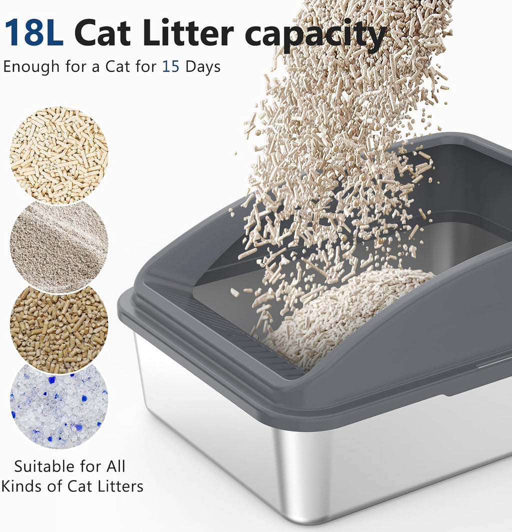 Steel Litter Box, Metal Kitty Litter Box with Scoop, Anti-Leakage Top Entry, Non-Sticky, Easy to Clean