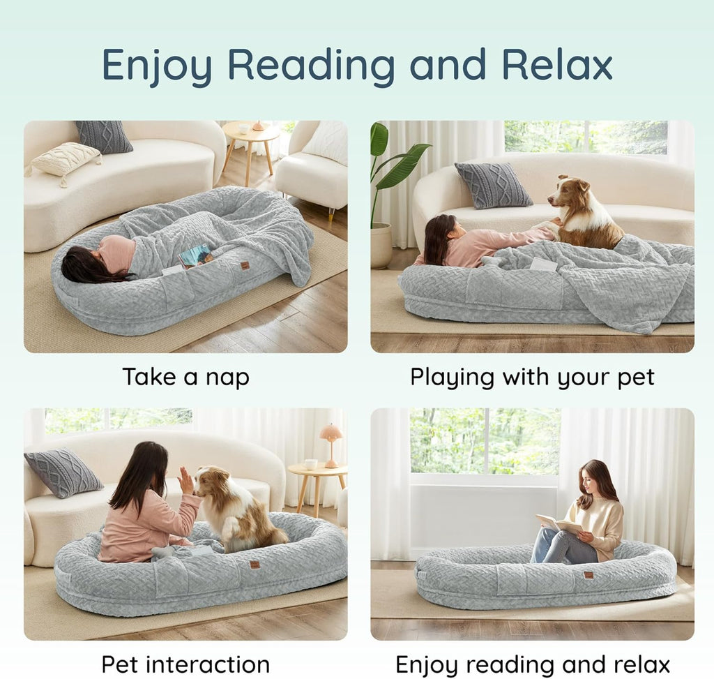 Human Dog Bed for Adult - Luxury Faux Fur Giant Size Dog Bed with Portable Handle, Egg Orthopedic Foam with Blanket, Light Grey