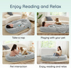 Human Dog Bed for Adult - Luxury Faux Fur Giant Size Dog Bed with Portable Handle, Egg Orthopedic Foam with Blanket, Light Grey